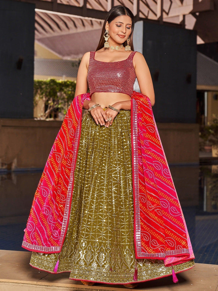 Olive Green Bridal Lehenga | Pink Dupatta Reception Wear Ensemble