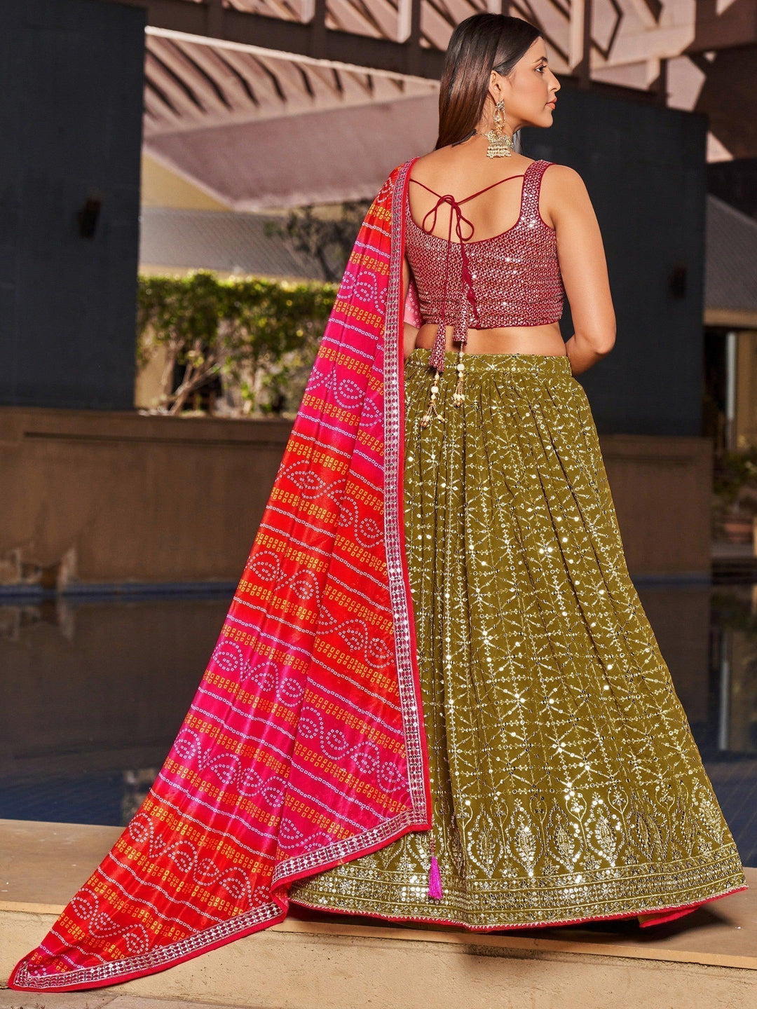 Olive Green Bridal Lehenga | Pink Dupatta Reception Wear Ensemble