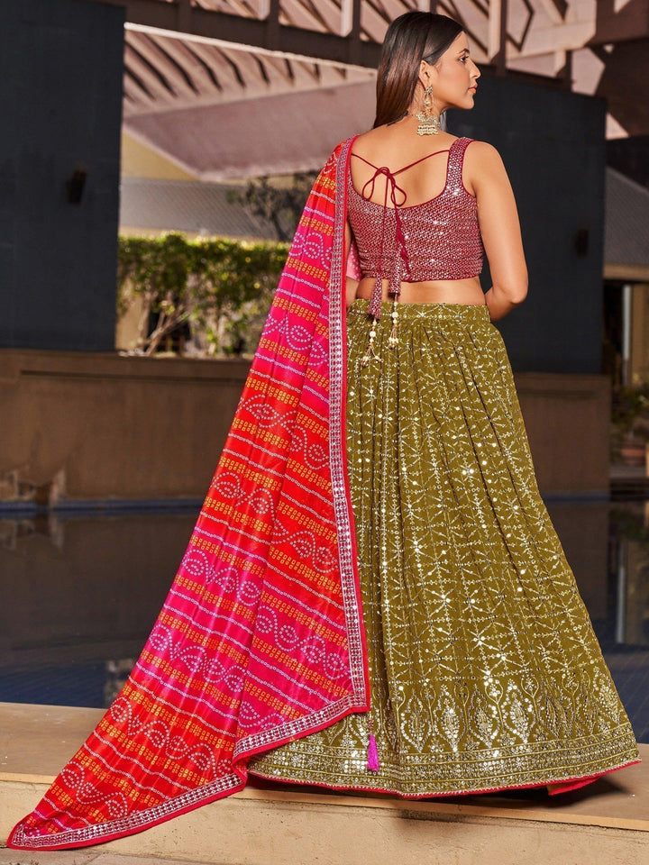 Olive Green Bridal Lehenga | Pink Dupatta Reception Wear Ensemble