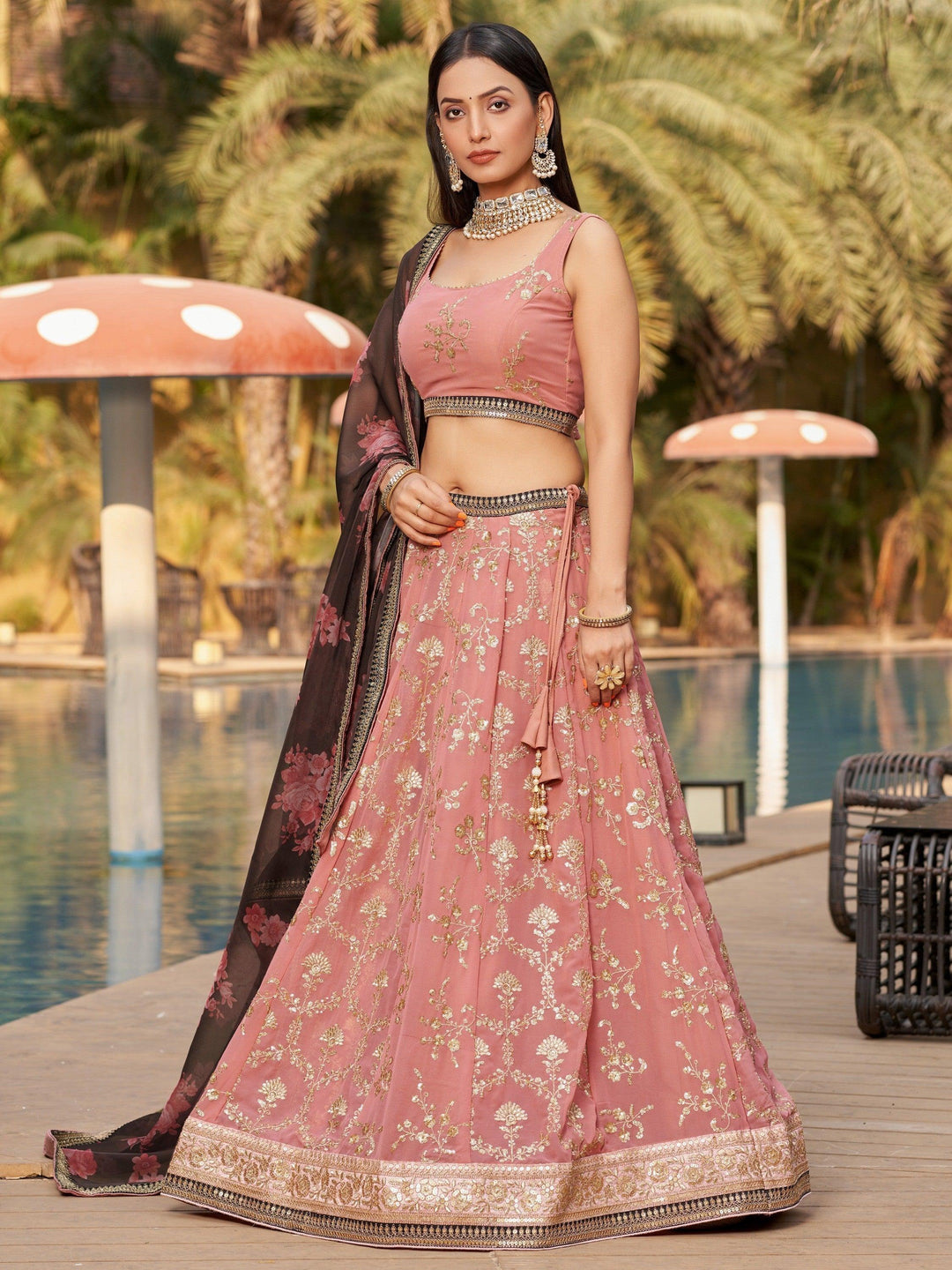 Beautiful Pink Wedding Lehenga | Organza Floral Print Dupatta Ensemble