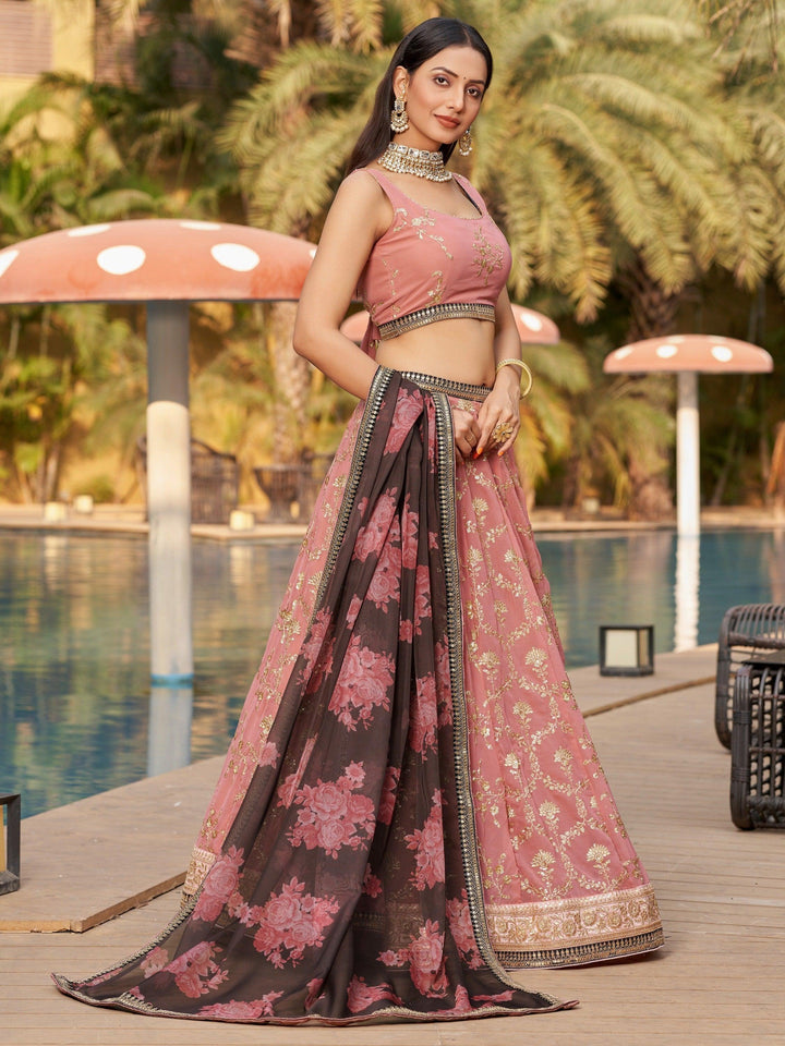 Beautiful Pink Wedding Lehenga | Organza Floral Print Dupatta Ensemble