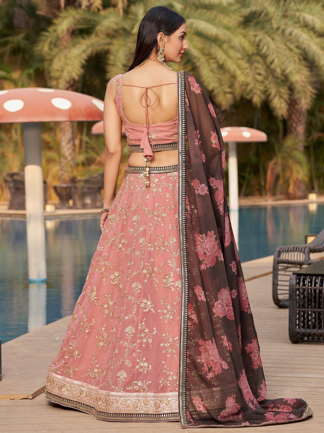 Beautiful Pink Wedding Lehenga | Organza Floral Print Dupatta Ensemble