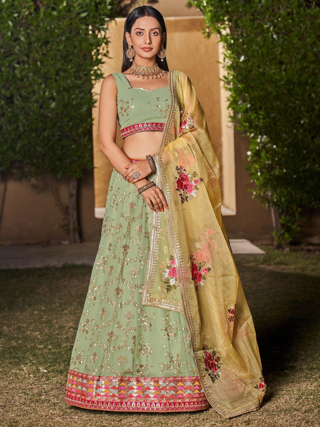 Elegant Pista Green Bridal Lehenga | Sequins & Zari Embroidered Set