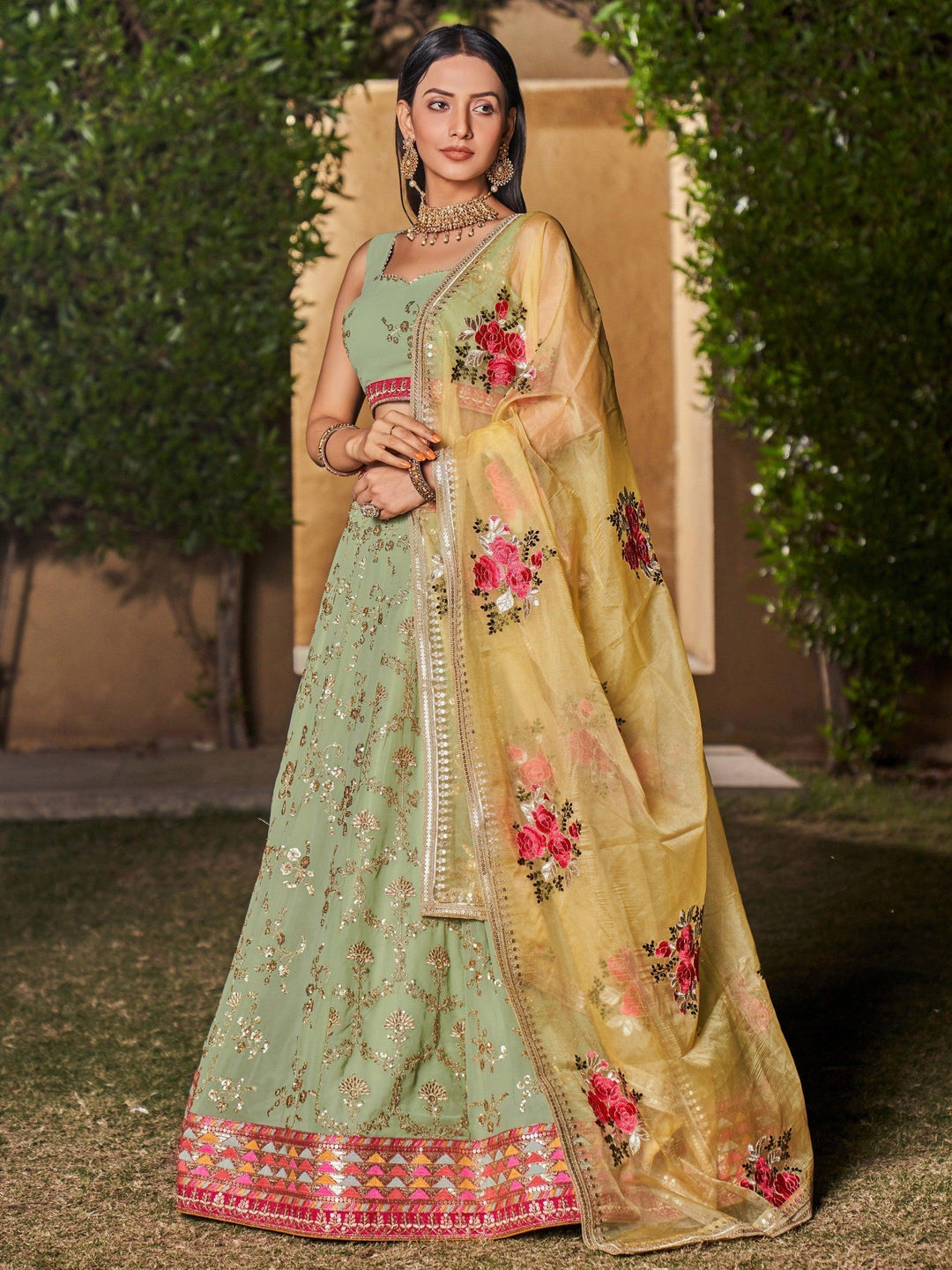 Elegant Pista Green Bridal Lehenga | Sequins & Zari Embroidered Set