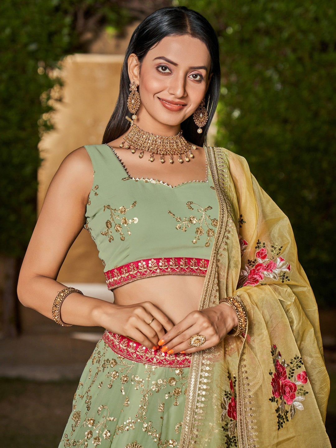 Elegant Pista Green Bridal Lehenga | Sequins & Zari Embroidered Set