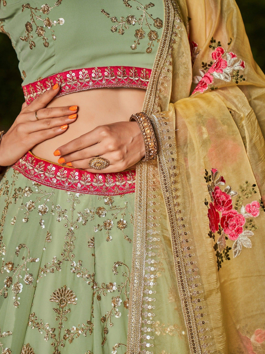 Elegant Pista Green Bridal Lehenga | Sequins & Zari Embroidered Set