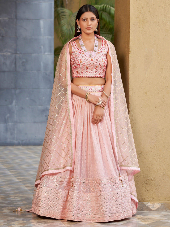 Charming Pink Sequins Georgette Lehenga | Wedding Wear Choli Set