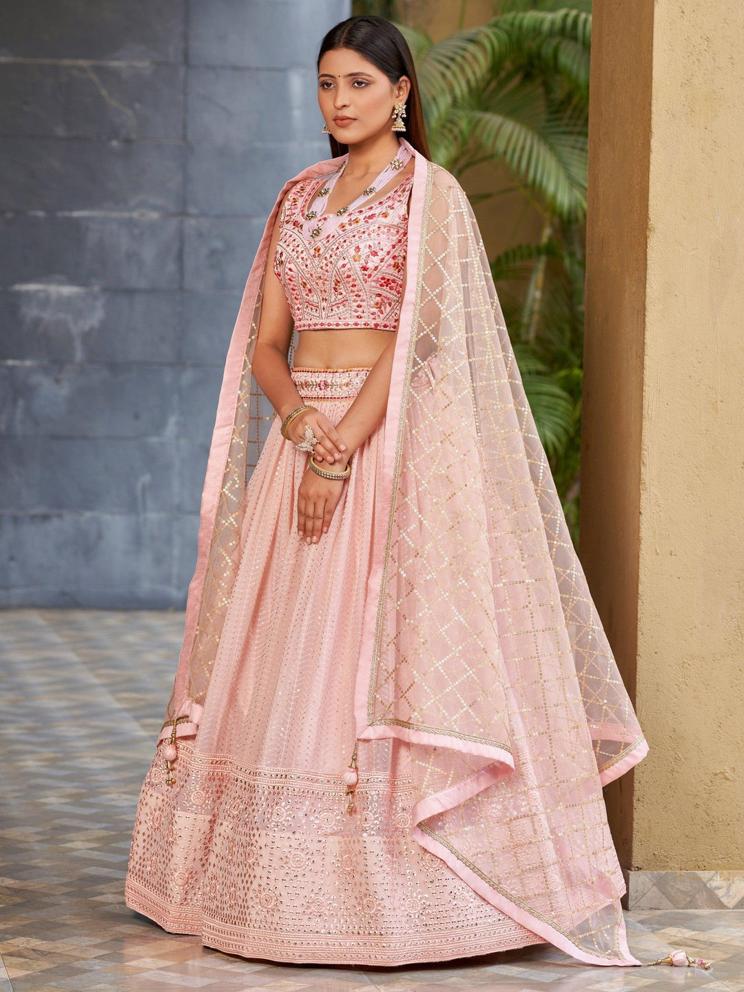 Charming Pink Sequins Georgette Lehenga | Wedding Wear Choli Set