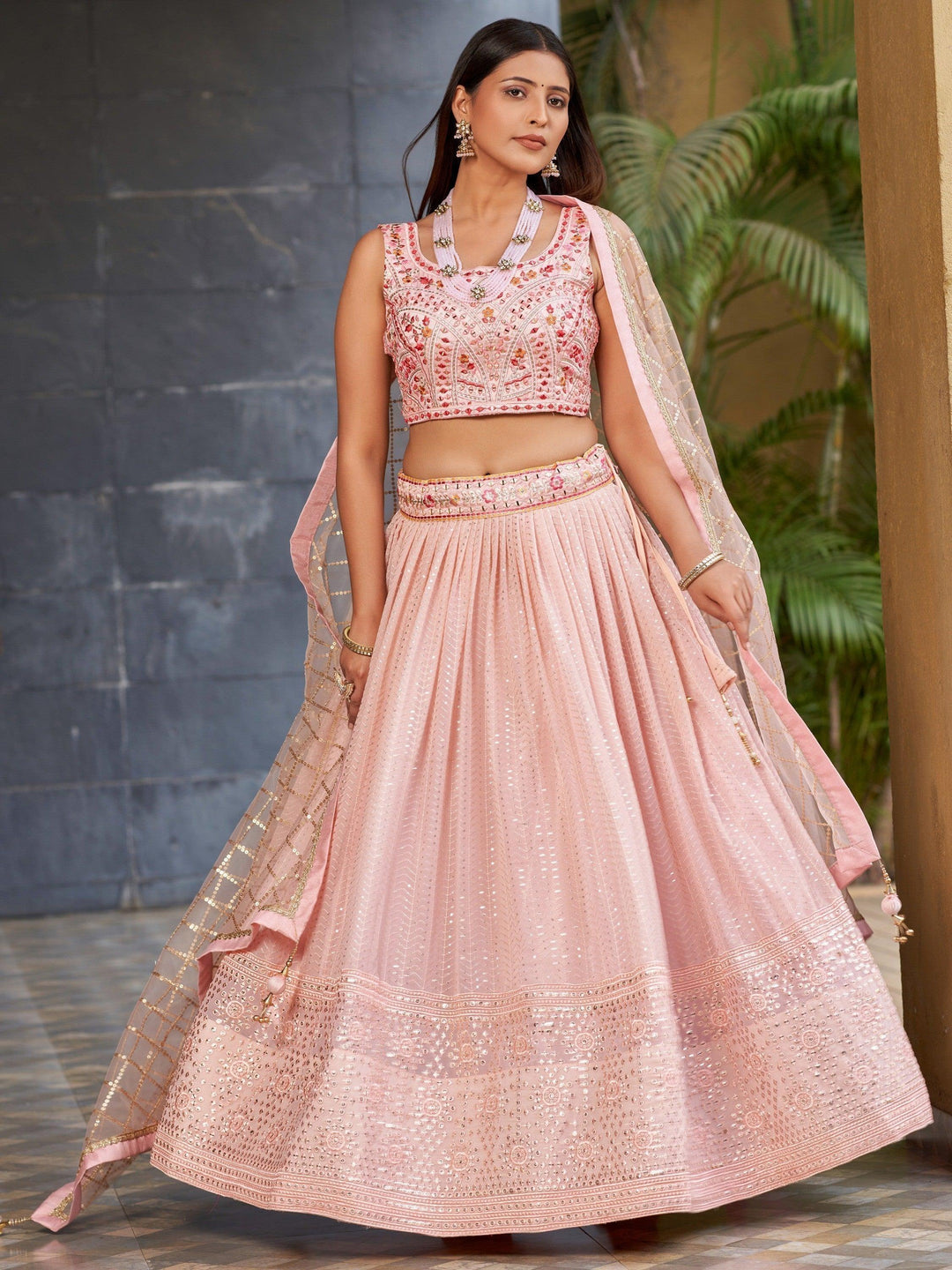 Charming Pink Sequins Georgette Lehenga | Wedding Wear Choli Set