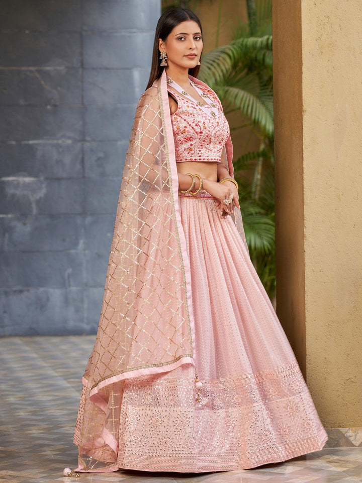 Charming Pink Sequins Georgette Lehenga | Wedding Wear Choli Set