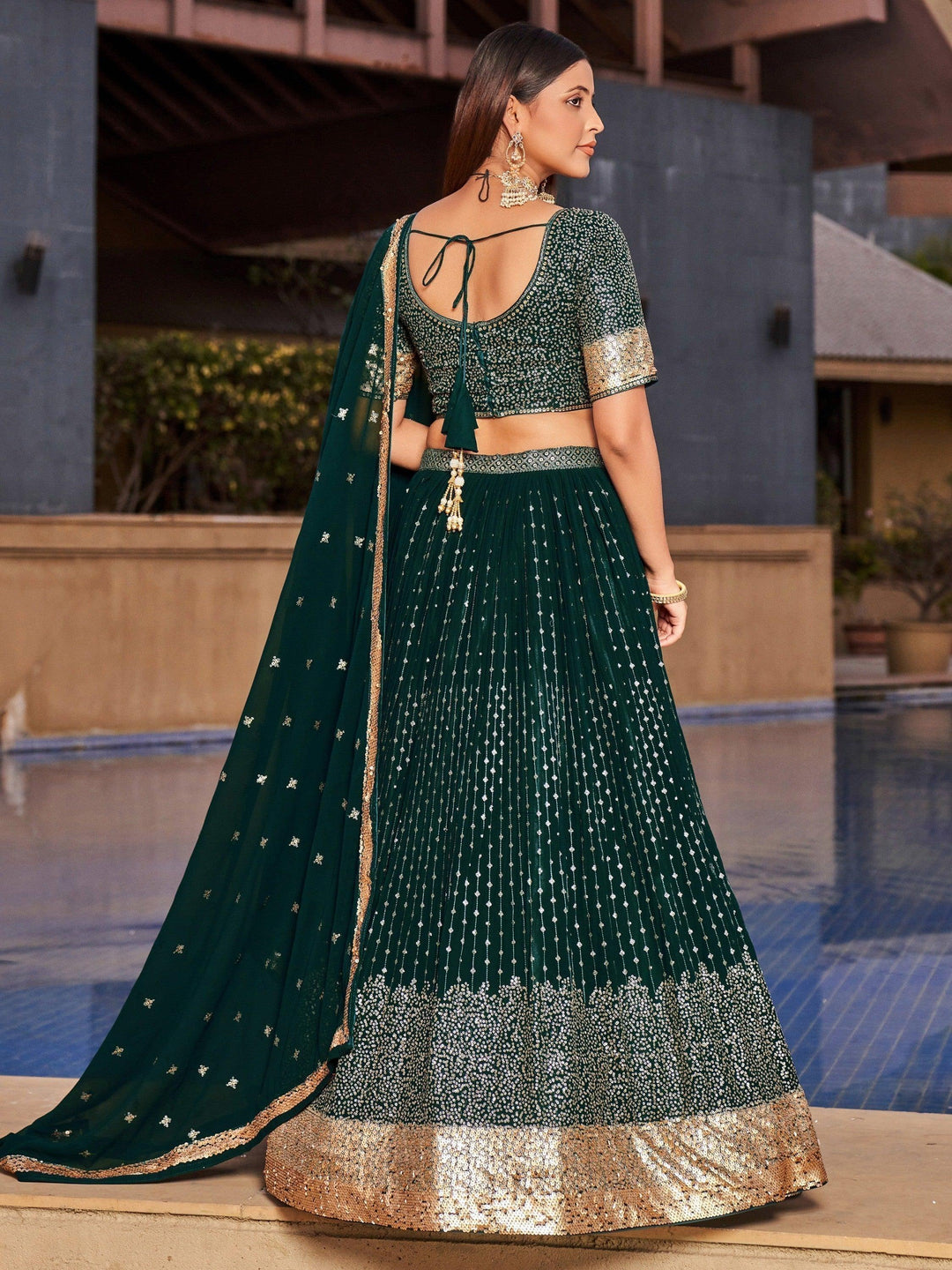 Intricate Green Georgette Lehenga | Ideal for Wedding Celebrations