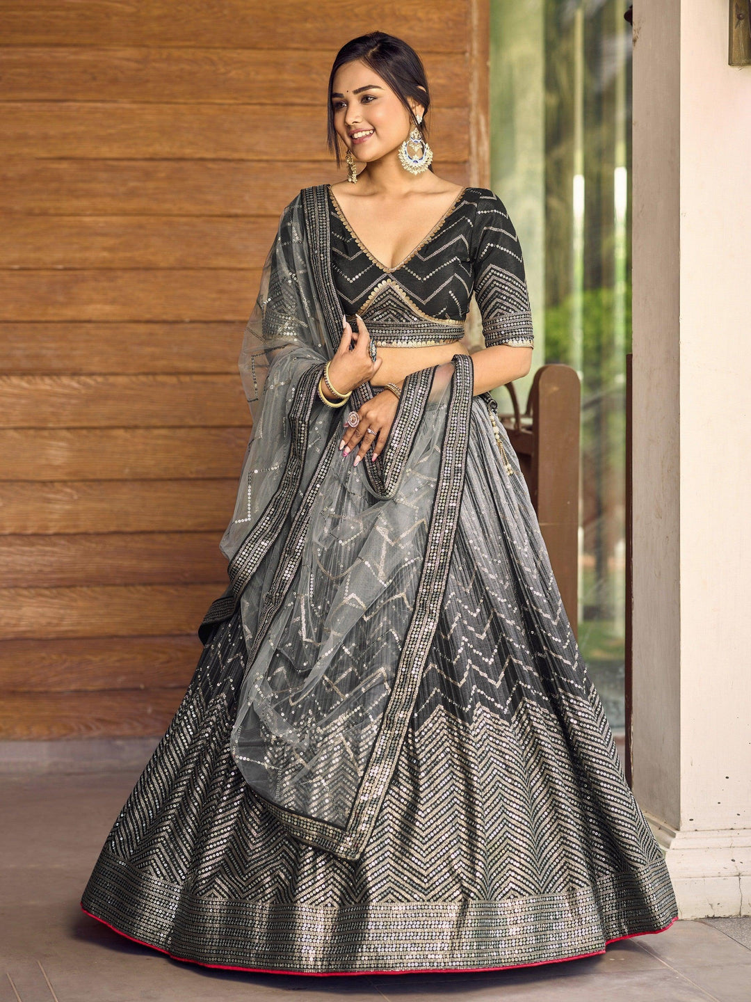 Black Chinon Lehenga Choli | Intricate Sequins & Embroidery for Events