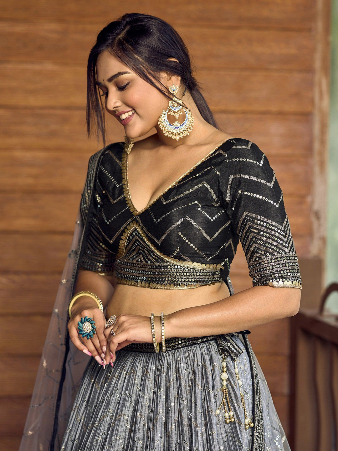 Black Chinon Lehenga Choli | Intricate Sequins & Embroidery for Events