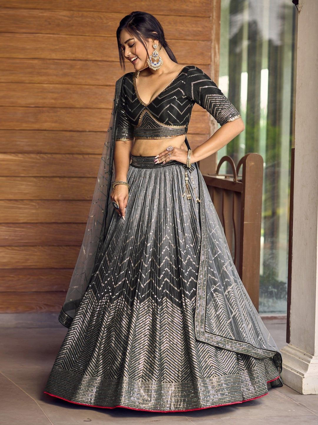 Black Chinon Lehenga Choli | Intricate Sequins & Embroidery for Events