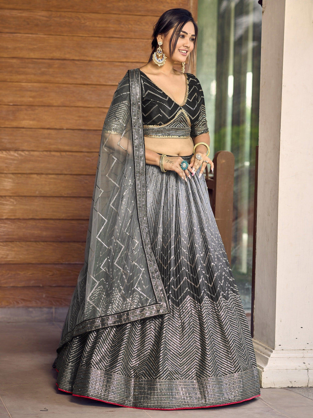 Black Chinon Lehenga Choli | Intricate Sequins & Embroidery for Events