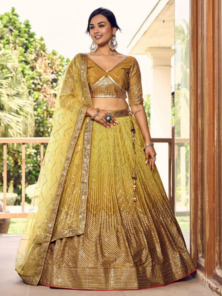 Stunning Yellow Sequins Chinon Lehenga Choli | Haldi Ceremony Wear