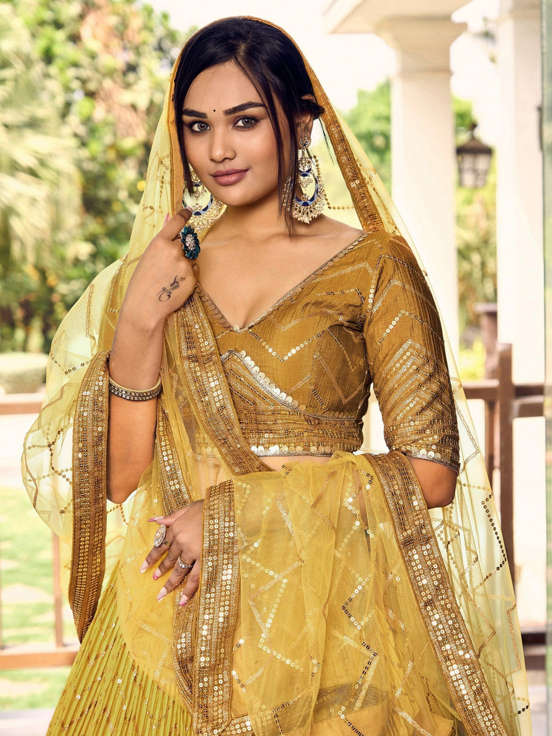 Stunning Yellow Sequins Chinon Lehenga Choli | Haldi Ceremony Wear