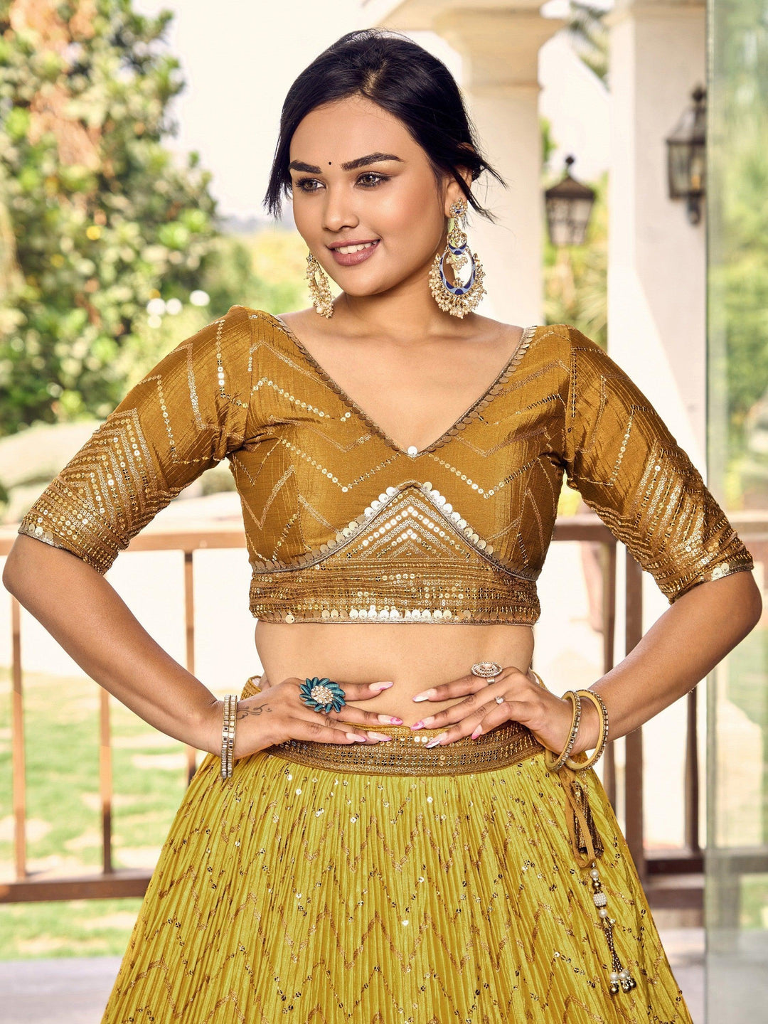 Stunning Yellow Sequins Chinon Lehenga Choli | Haldi Ceremony Wear