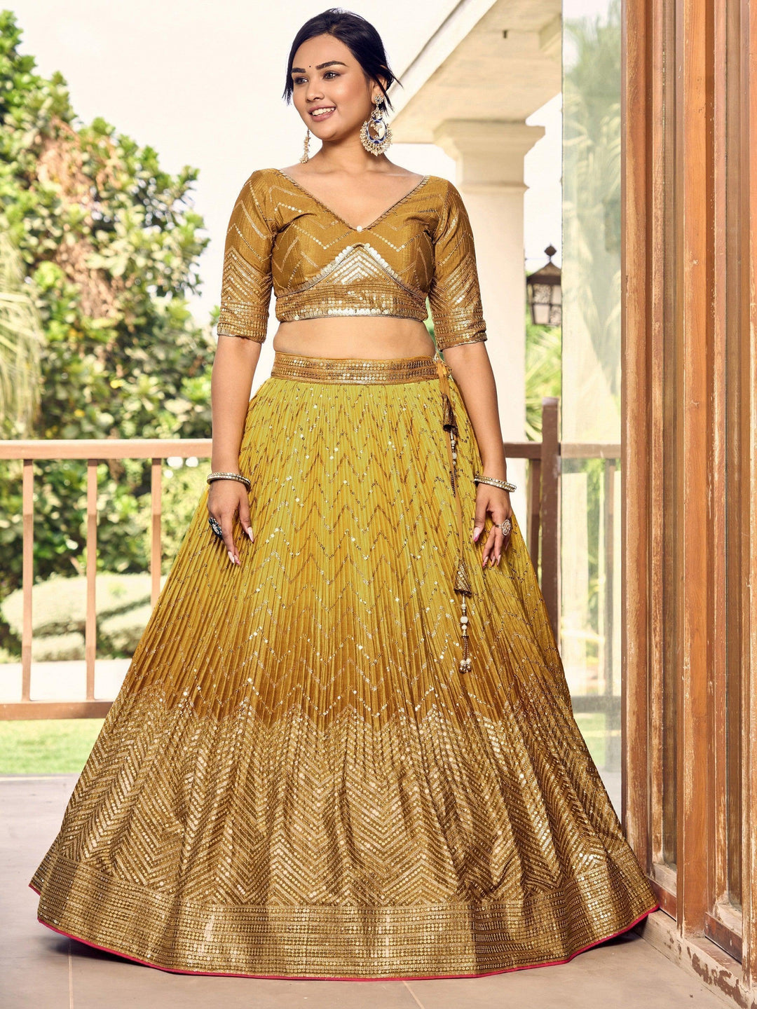 Stunning Yellow Sequins Chinon Lehenga Choli | Haldi Ceremony Wear