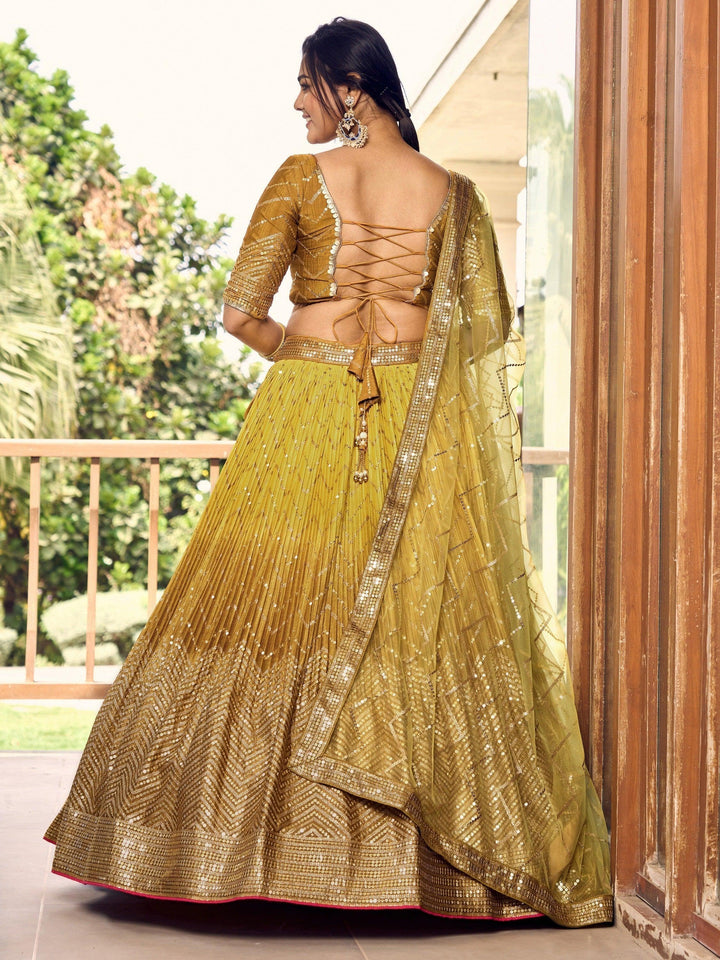 Stunning Yellow Sequins Chinon Lehenga Choli | Haldi Ceremony Wear