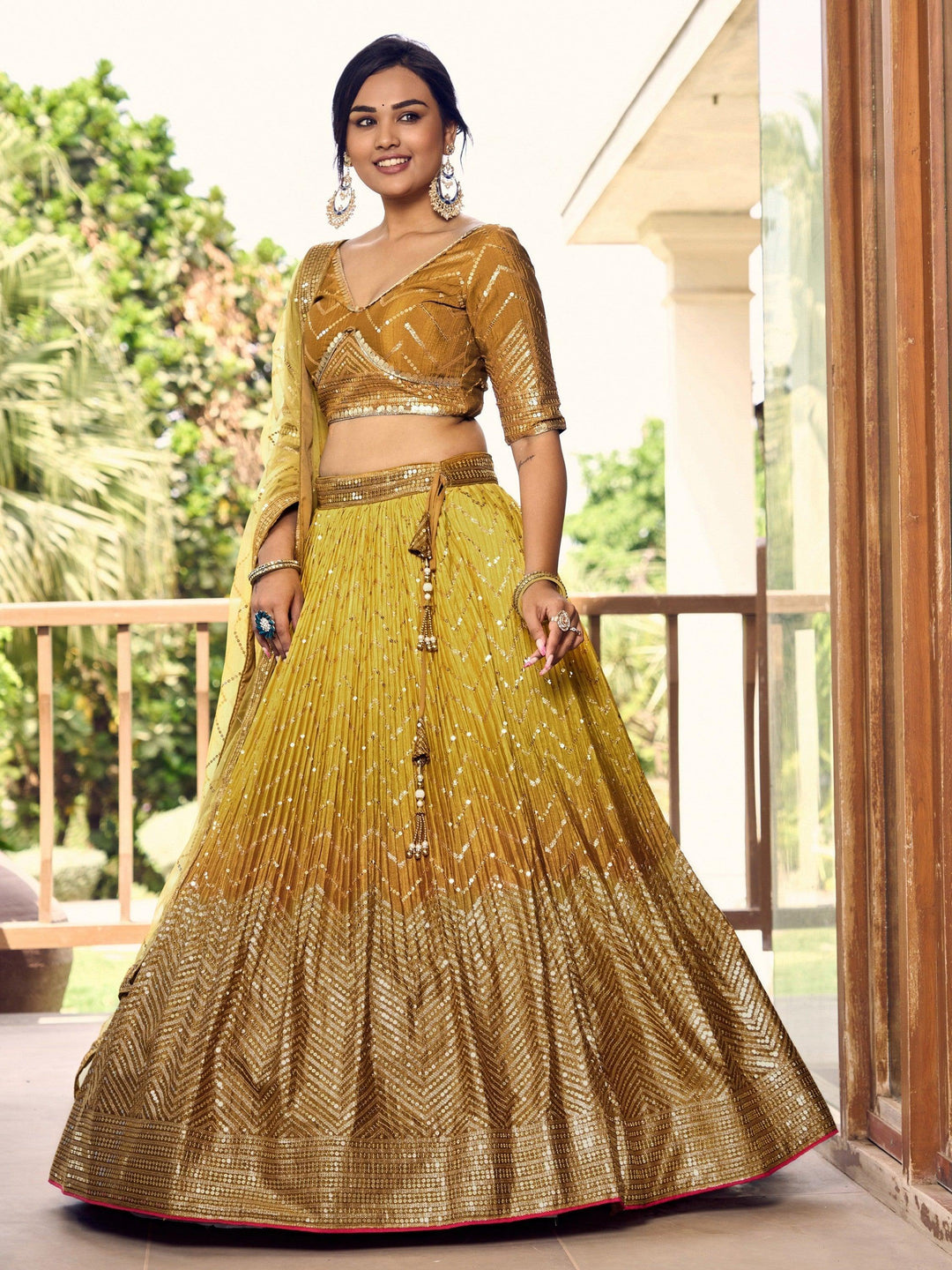 Stunning Yellow Sequins Chinon Lehenga Choli | Haldi Ceremony Wear