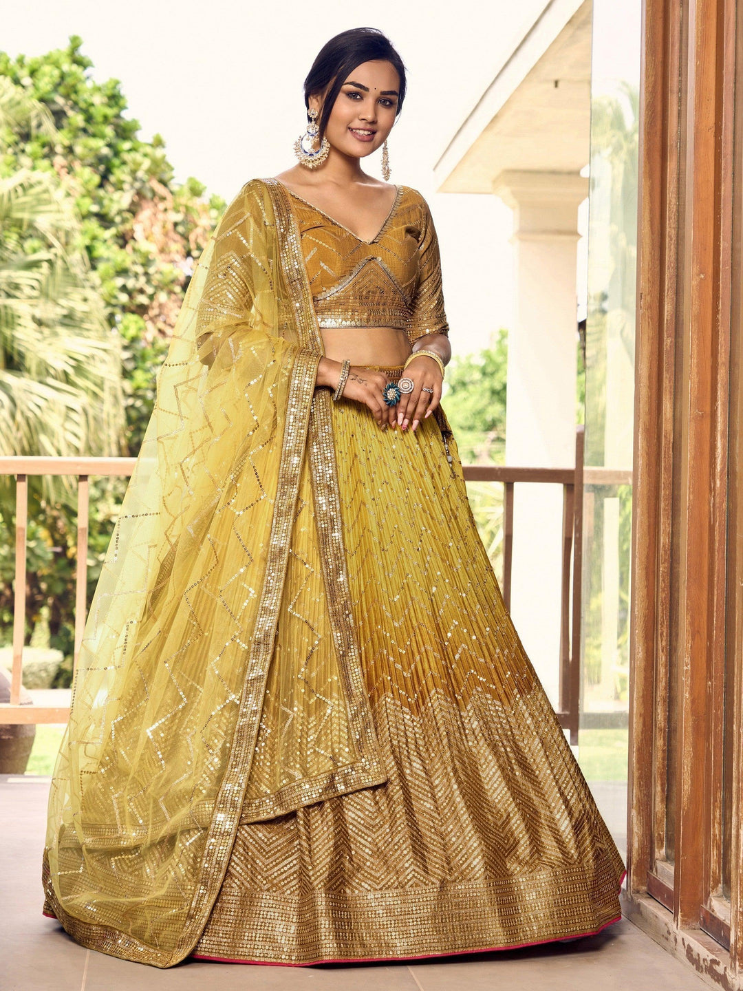 Stunning Yellow Sequins Chinon Lehenga Choli | Haldi Ceremony Wear