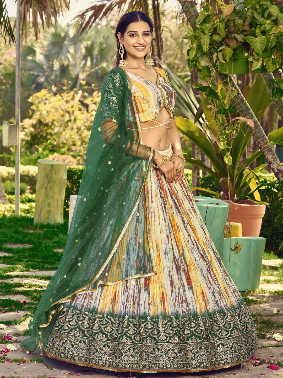 Stylish White & Green Lehenga Choli | Sequin & Zari Work Detailing