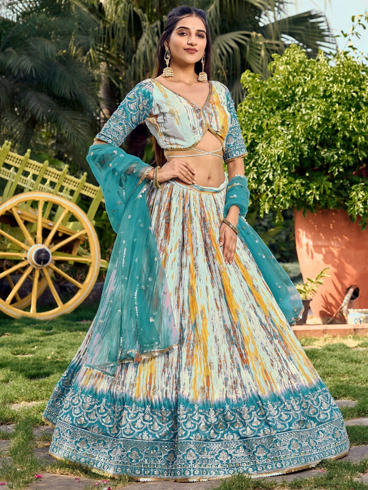 Chic White & Blue Lehenga | Digital Print & Sequin Zari Embroidery