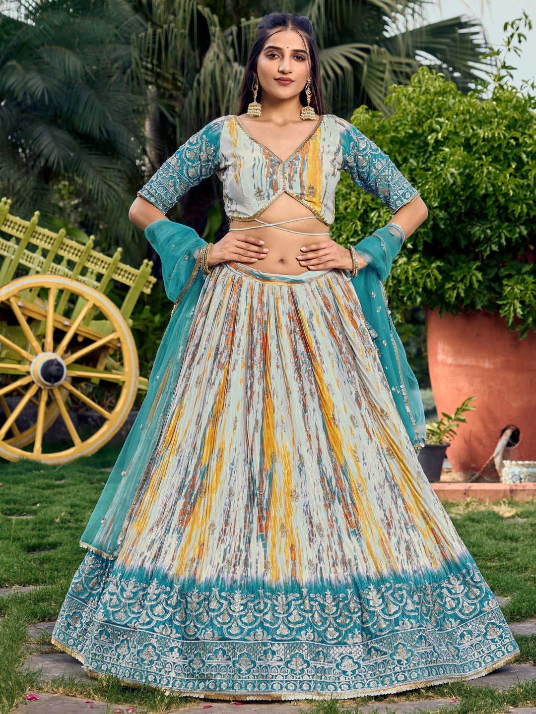 Chic White & Blue Lehenga | Digital Print & Sequin Zari Embroidery