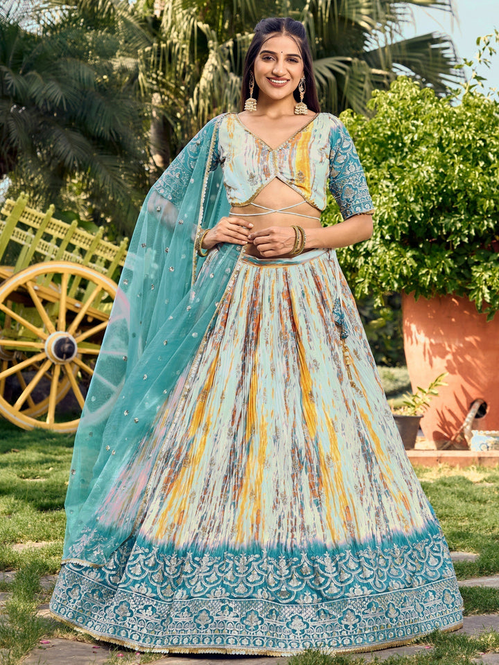 Chic White & Blue Lehenga | Digital Print & Sequin Zari Embroidery