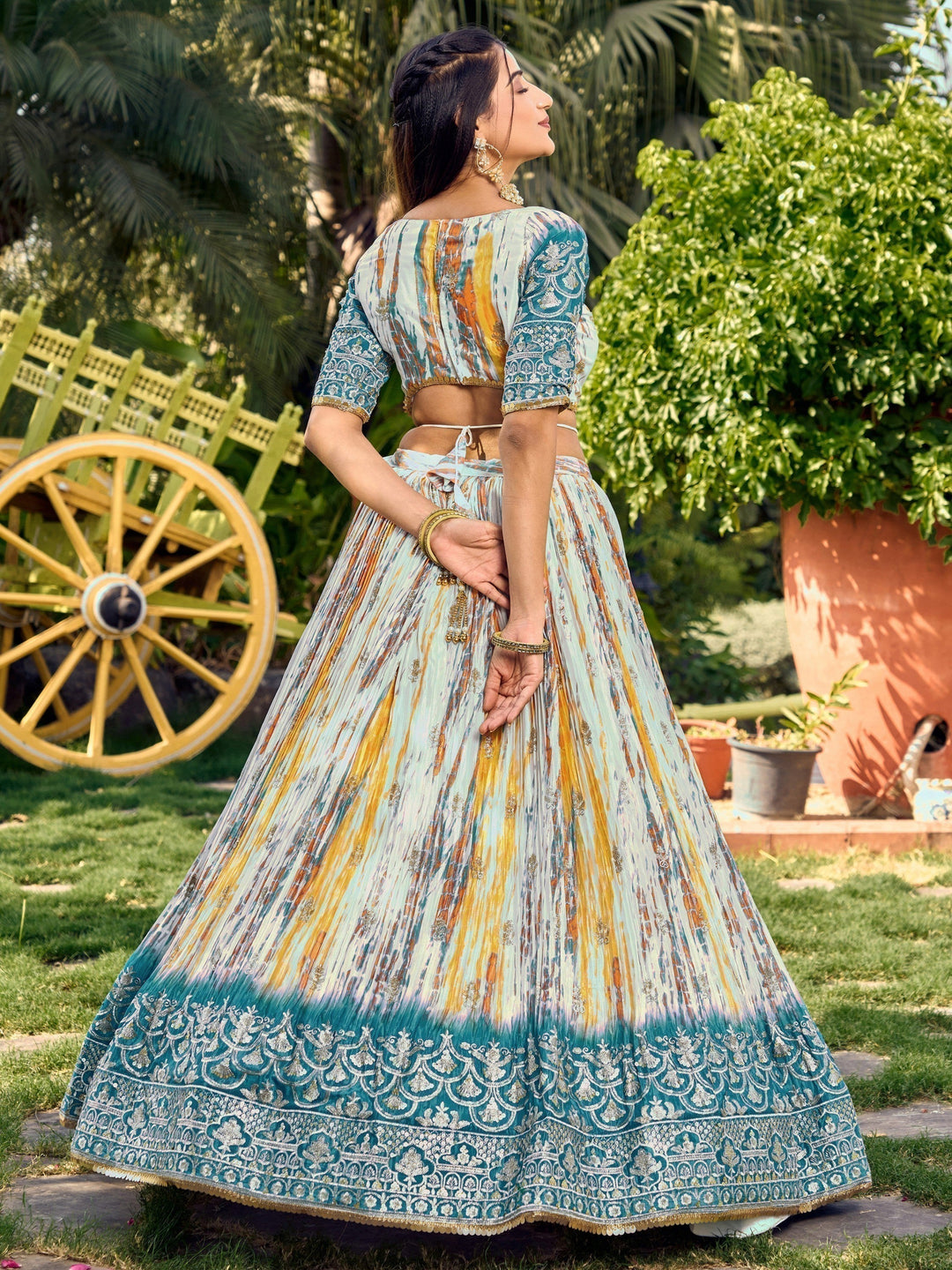 Chic White & Blue Lehenga | Digital Print & Sequin Zari Embroidery