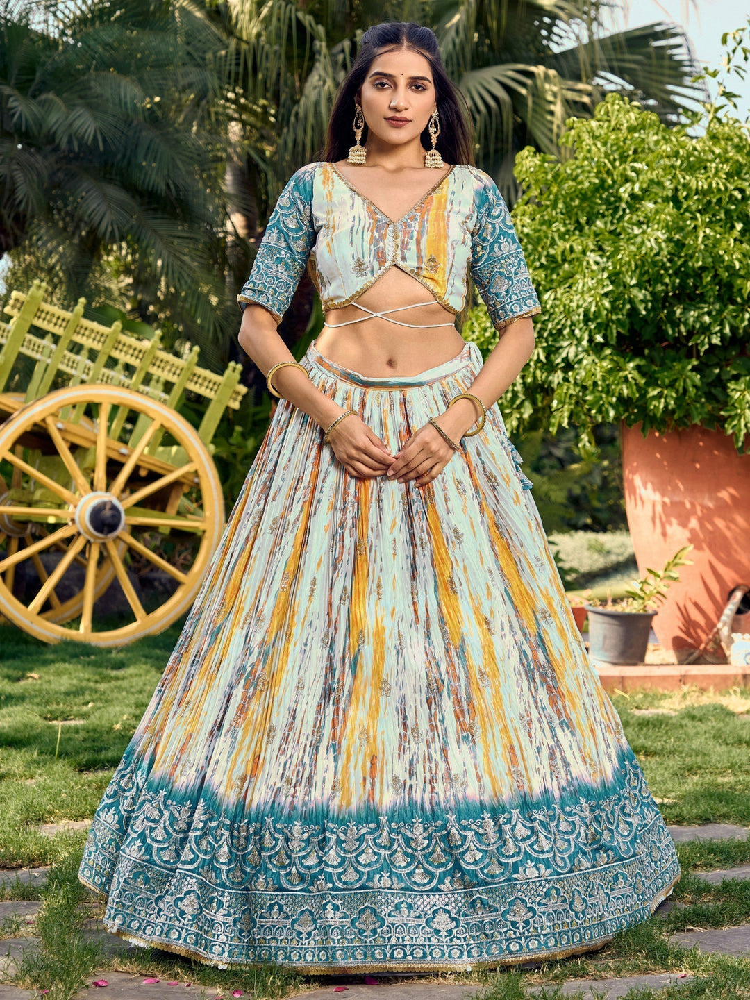 Chic White & Blue Lehenga | Digital Print & Sequin Zari Embroidery