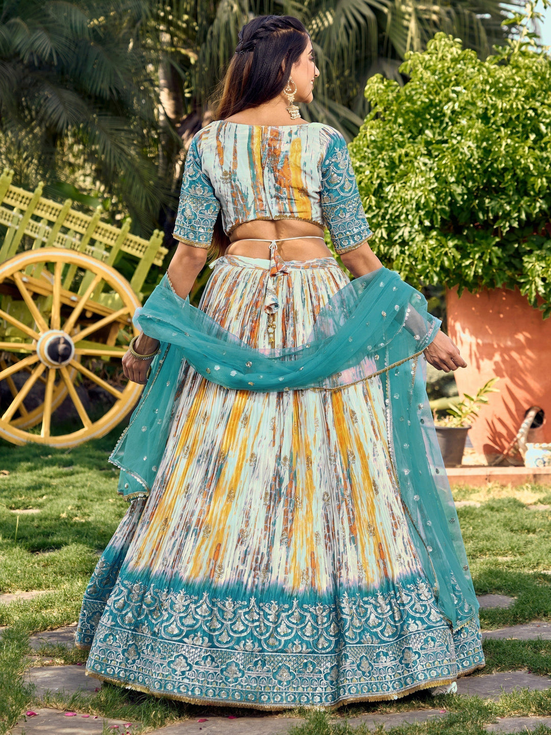 Chic White & Blue Lehenga | Digital Print & Sequin Zari Embroidery