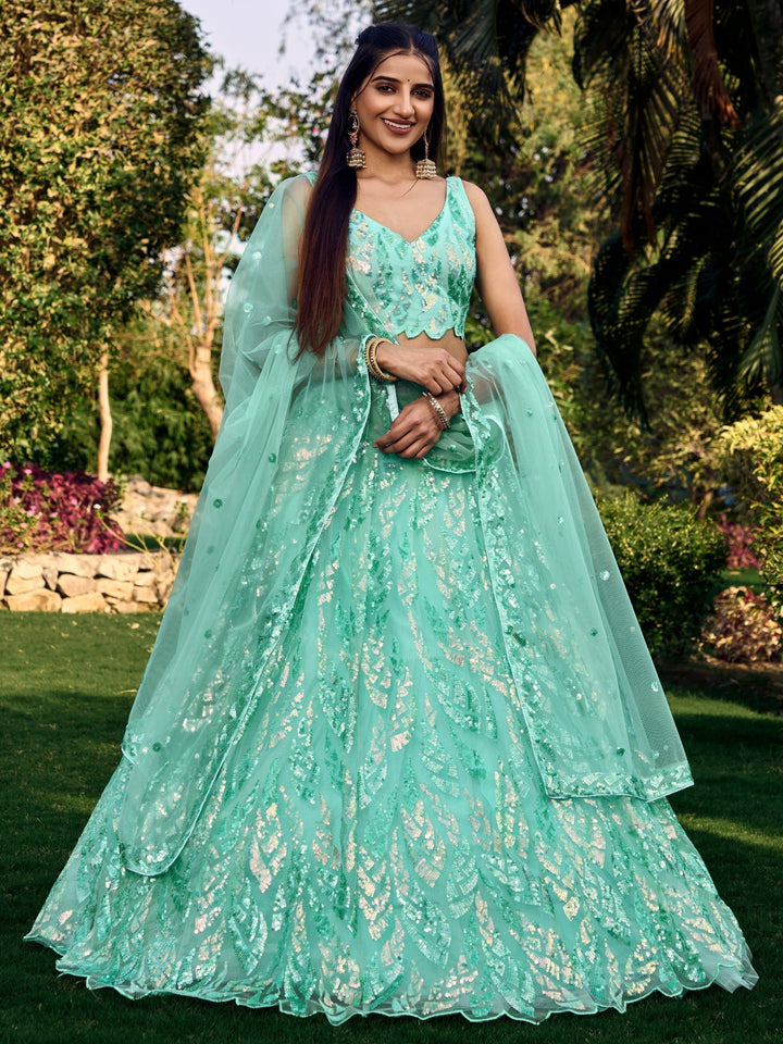 Luxury Turquoise Lehenga Choli | Net Fabric with Sequins & Embroidery