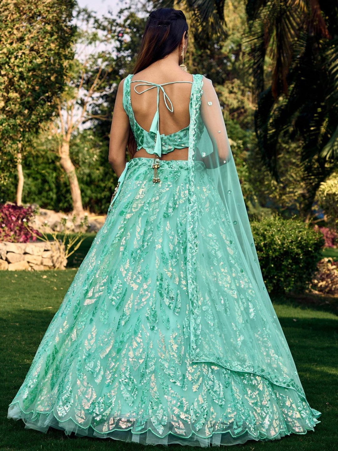 Luxury Turquoise Lehenga Choli | Net Fabric with Sequins & Embroidery