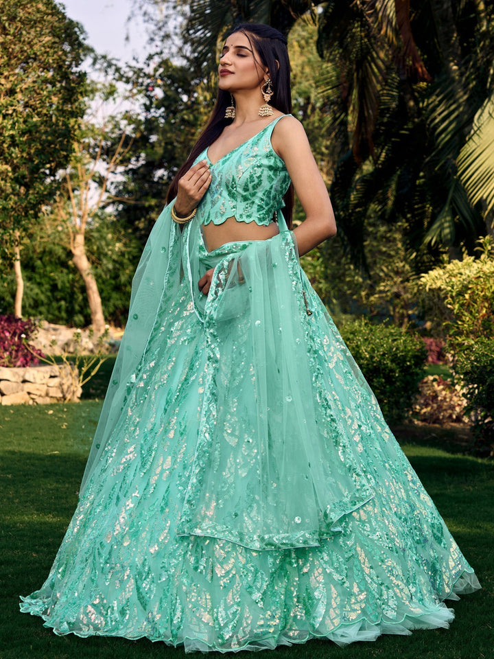 Luxury Turquoise Lehenga Choli | Net Fabric with Sequins & Embroidery