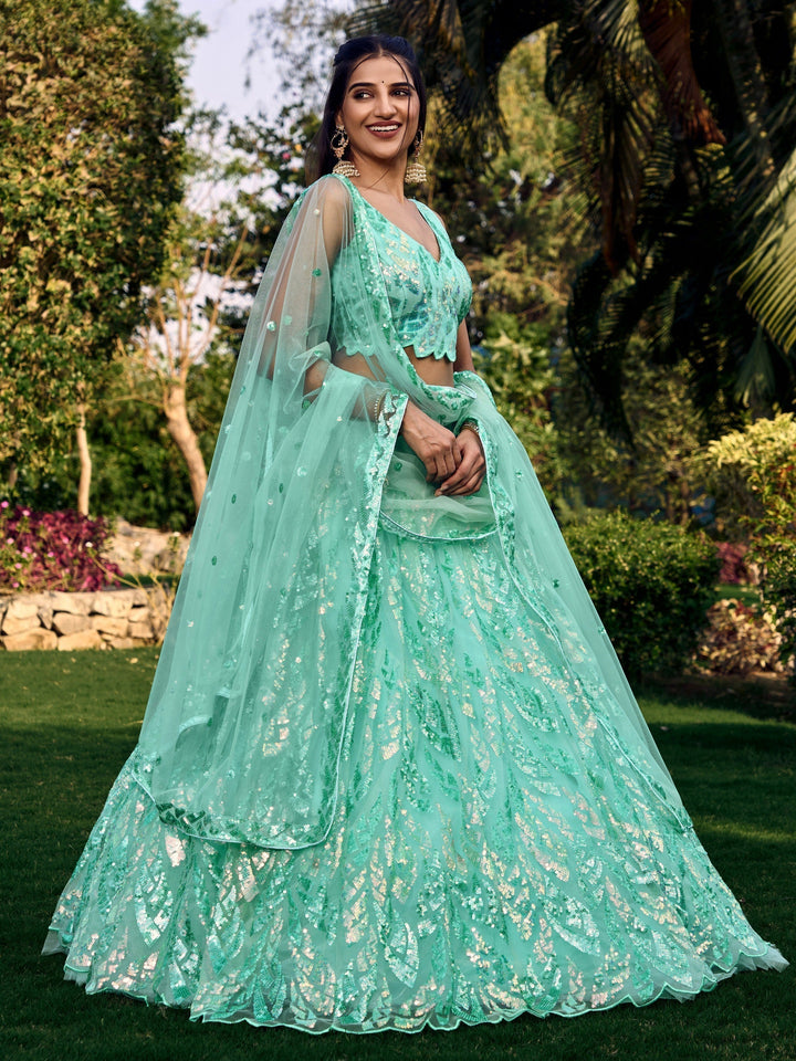 Luxury Turquoise Lehenga Choli | Net Fabric with Sequins & Embroidery