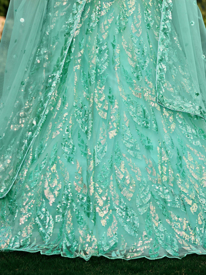 Luxury Turquoise Lehenga Choli | Net Fabric with Sequins & Embroidery