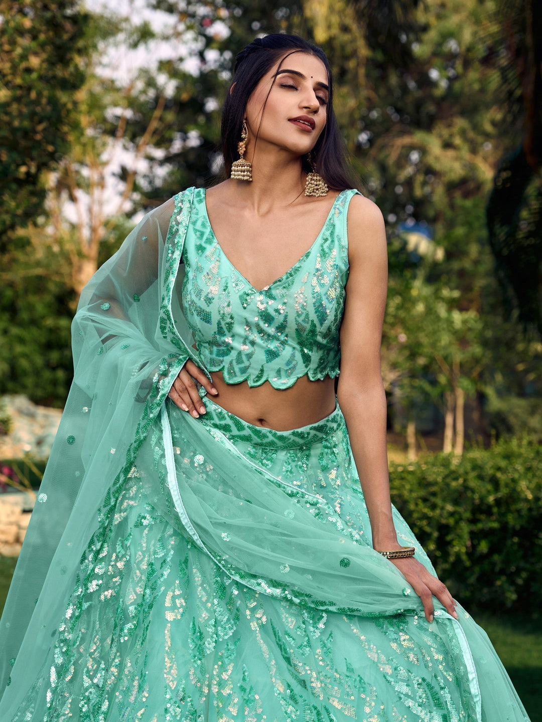 Luxury Turquoise Lehenga Choli | Net Fabric with Sequins & Embroidery