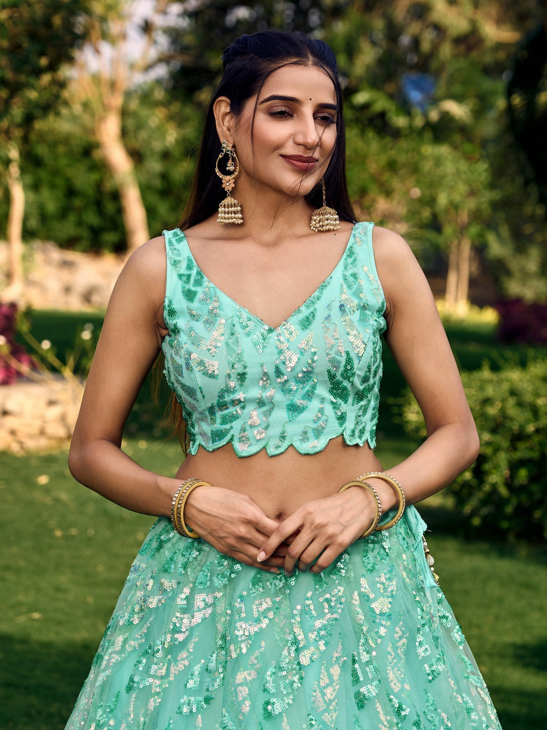 Luxury Turquoise Lehenga Choli | Net Fabric with Sequins & Embroidery