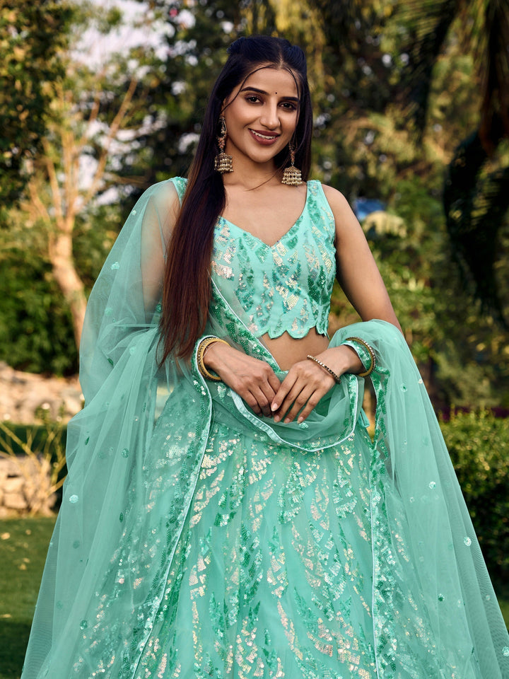 Luxury Turquoise Lehenga Choli | Net Fabric with Sequins & Embroidery