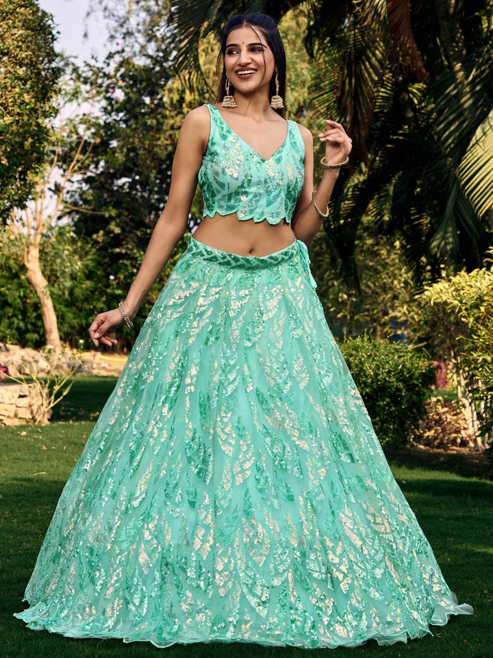 Luxury Turquoise Lehenga Choli | Net Fabric with Sequins & Embroidery