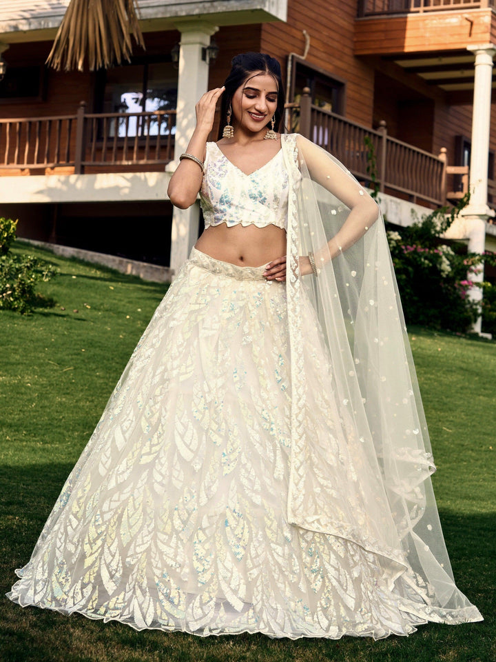 Exquisite Off-White Lehenga Choli | Net Material with Sequins & Embroidery