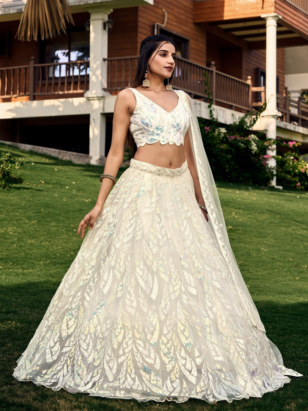 Exquisite Off-White Lehenga Choli | Net Material with Sequins & Embroidery