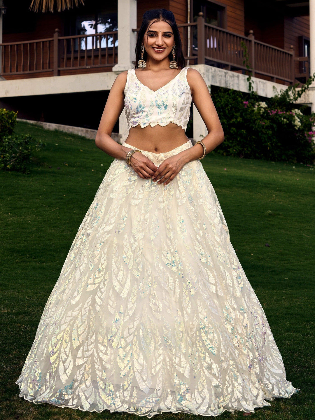 Exquisite Off-White Lehenga Choli | Net Material with Sequins & Embroidery