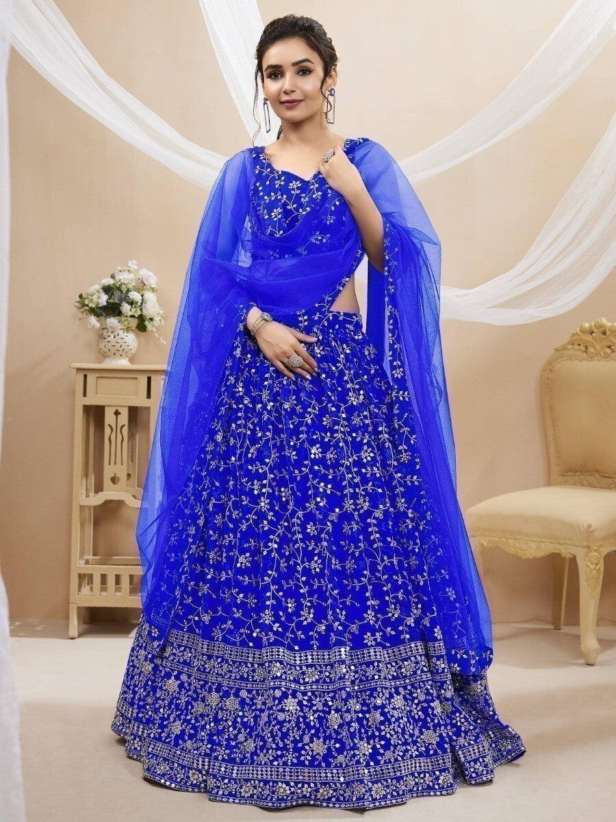 Customizable Blue Georgette Lehenga Choli | Sequins & Zari Work