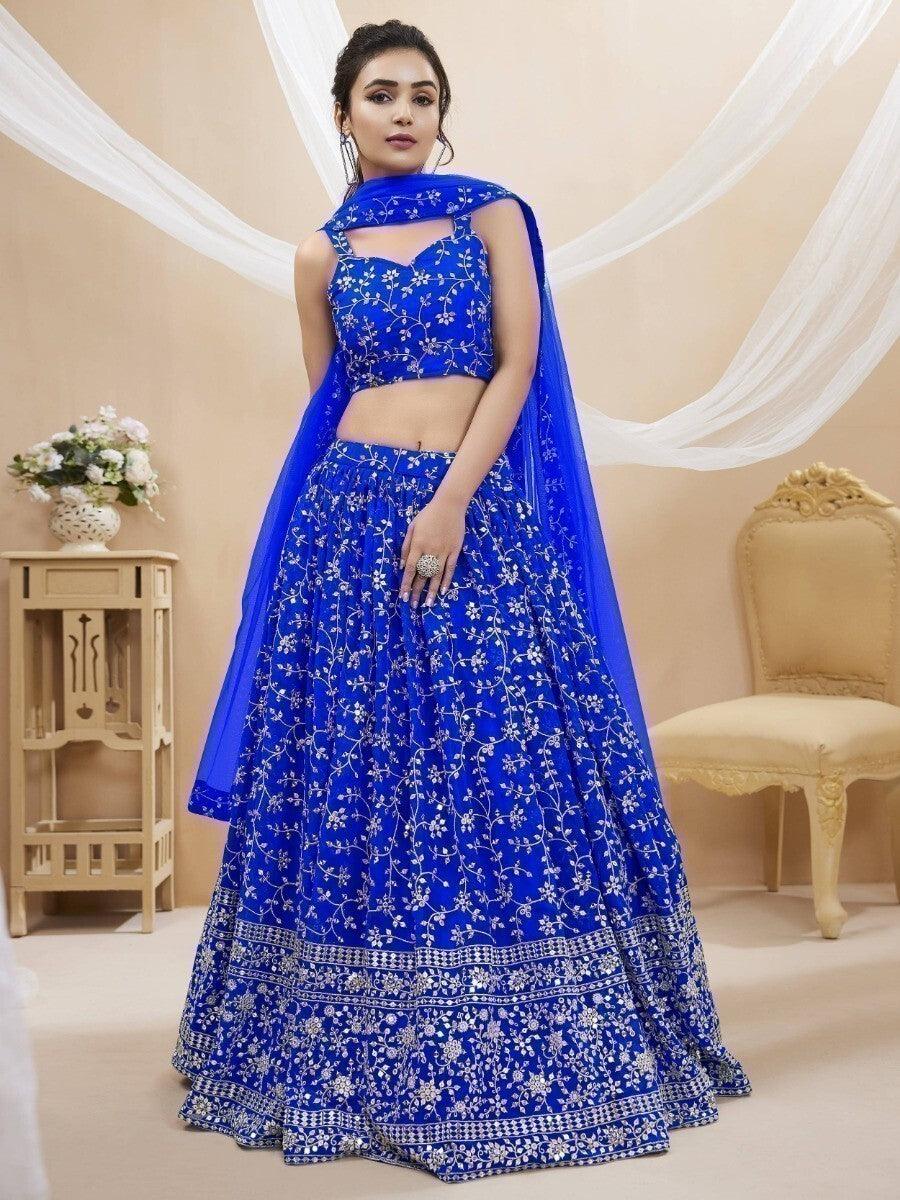 Customizable Blue Georgette Lehenga Choli | Sequins & Zari Work