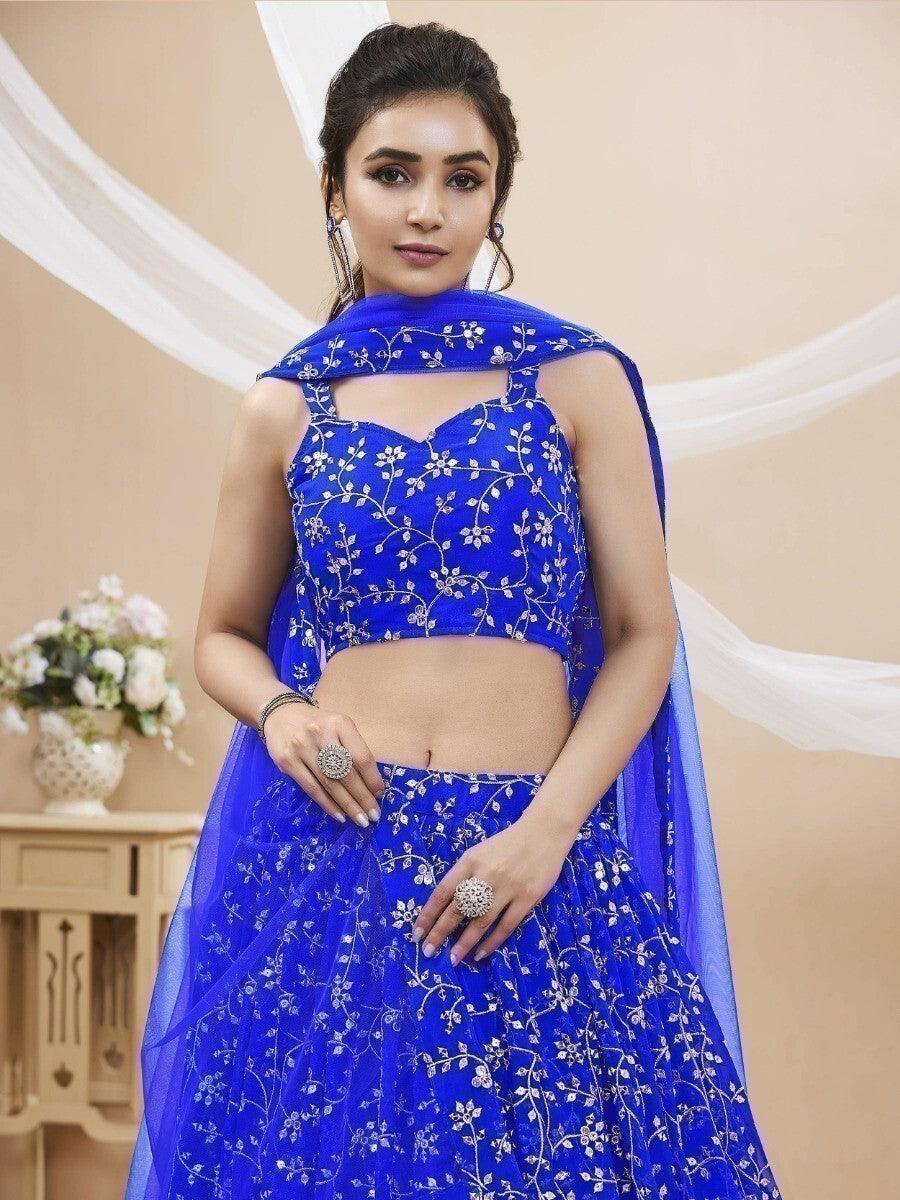 Customizable Blue Georgette Lehenga Choli | Sequins & Zari Work