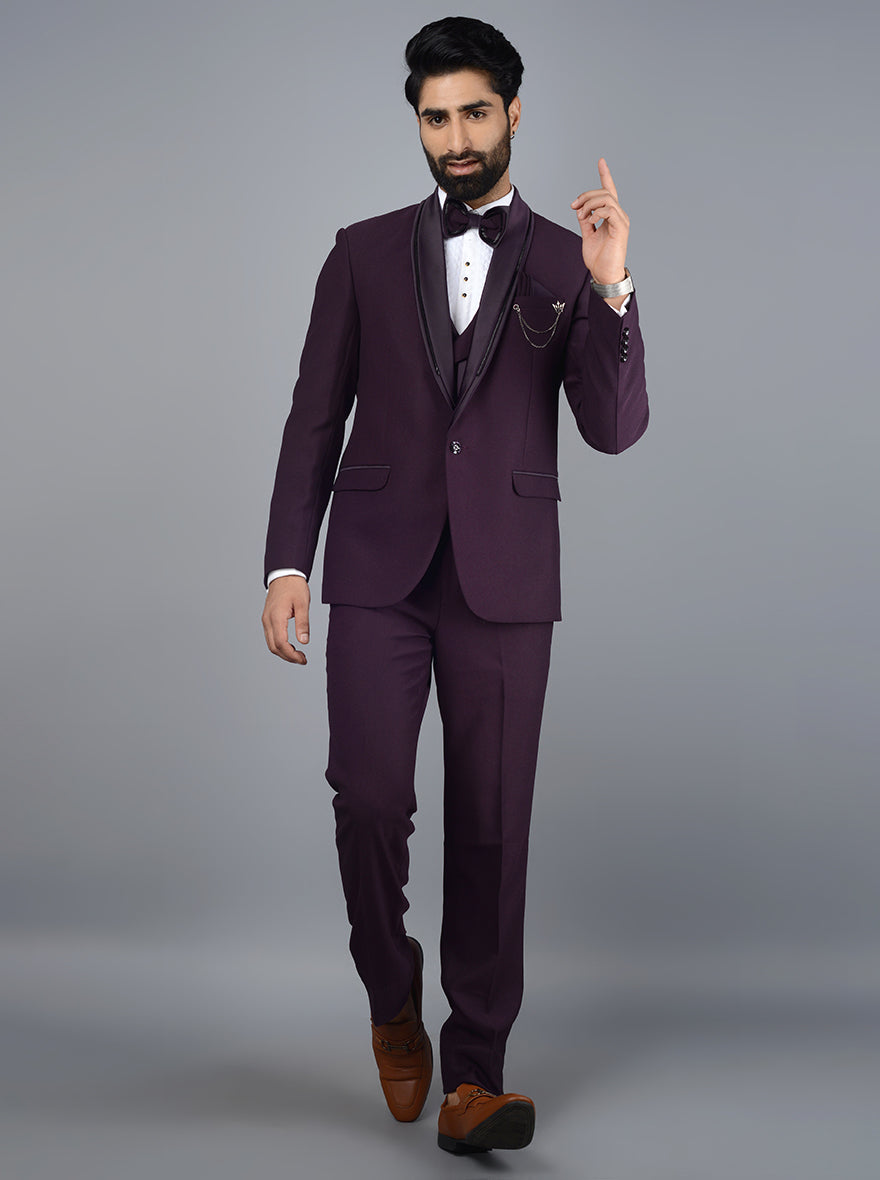 Men's formal tuxedo suit in a rich purple hue, adorned with beautiful embroidery for a luxurious touch.