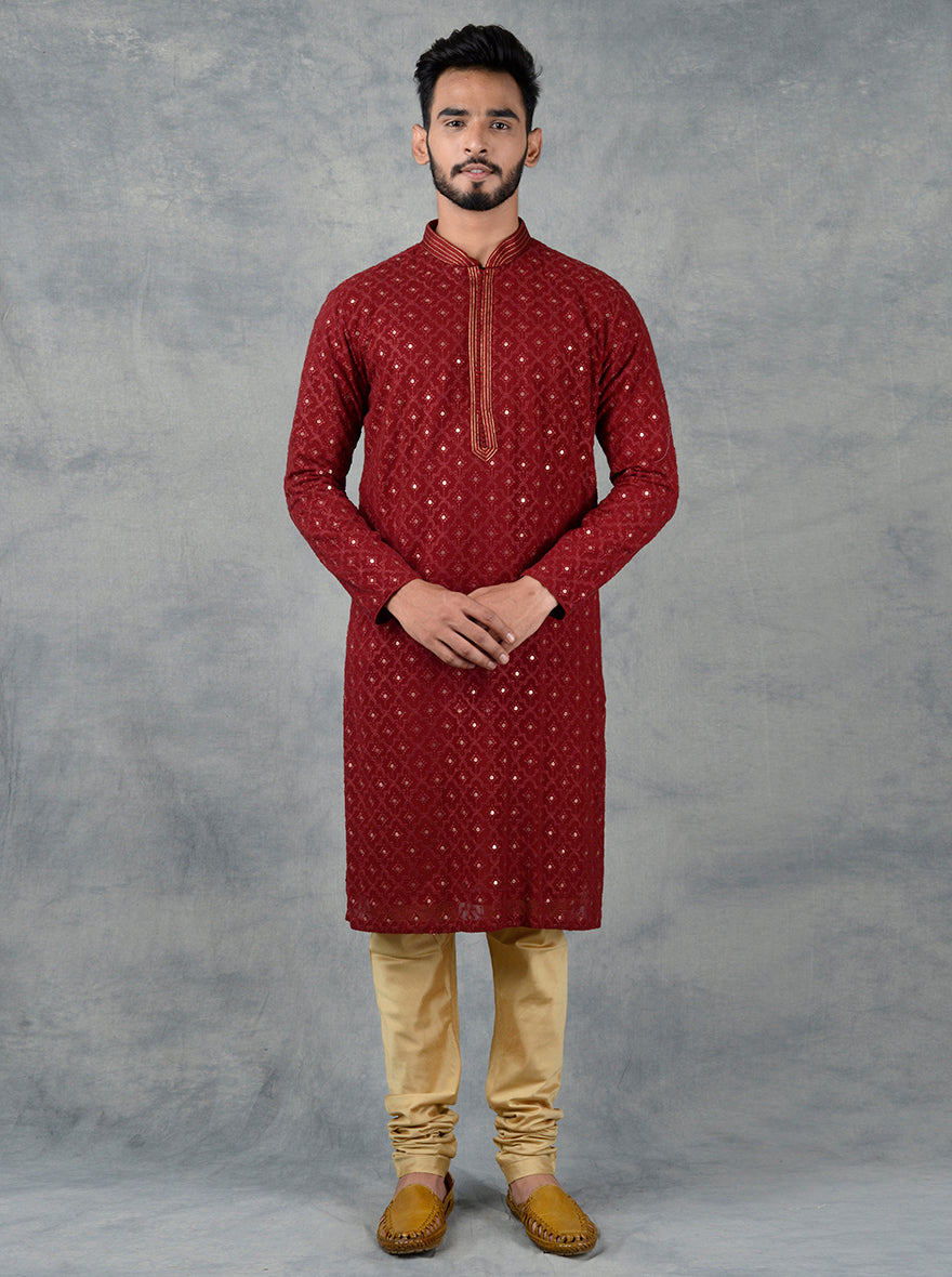 Maroon Lucknowi kurta set for men, ideal for USA celebrations.